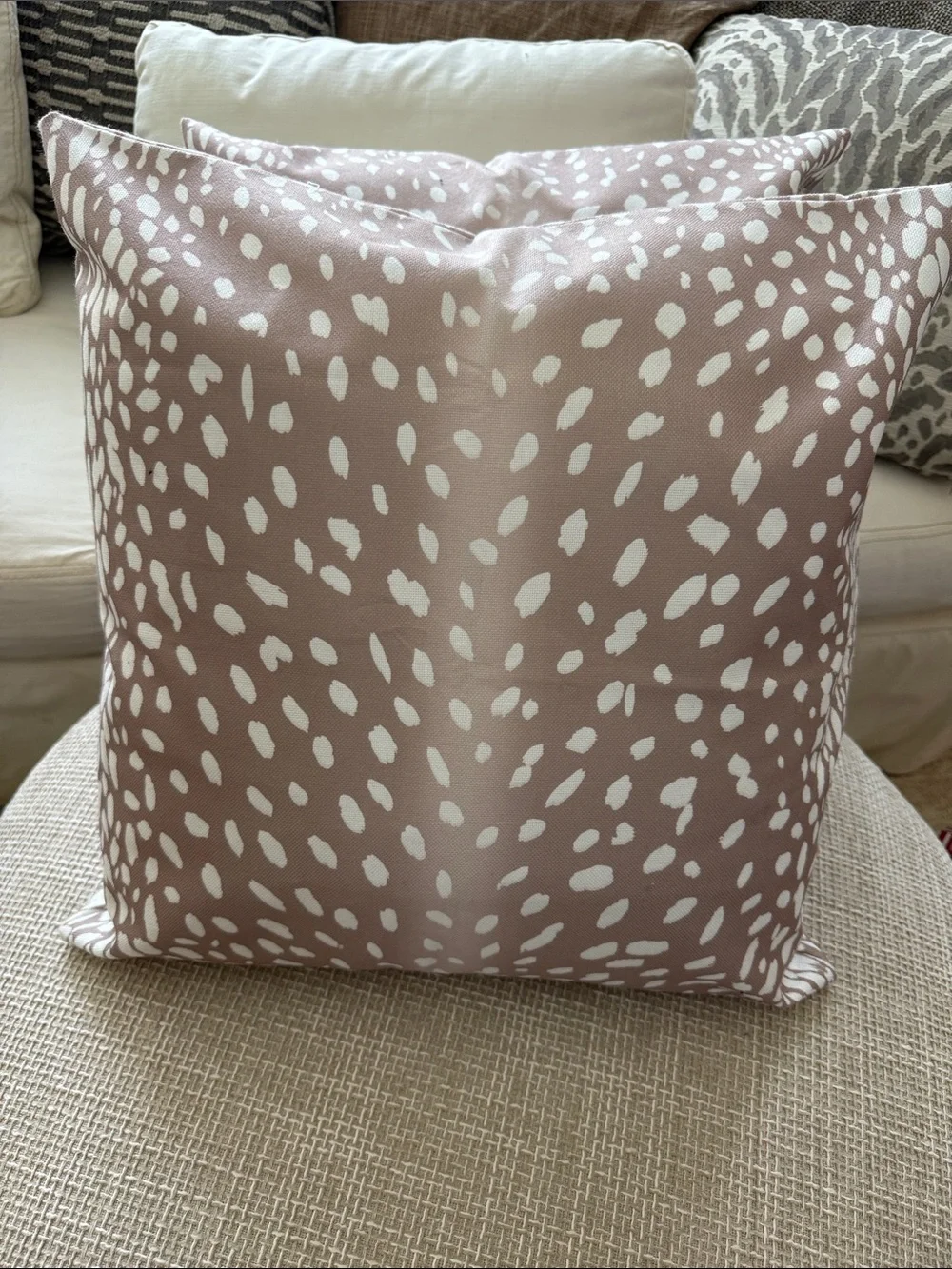Beige Spot Pattern indoor/ outdoor throw pillow set, Ethan Allen inserts.
